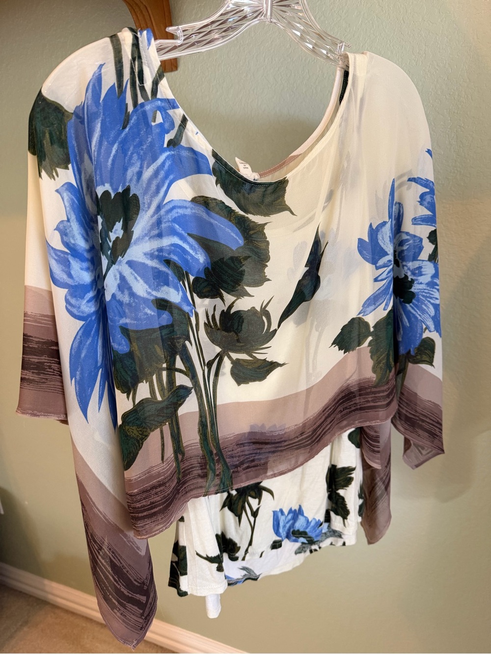 Tiny XS Blue Floral Chiffon Overlay Layered Blouse Boho Cape Sleeve